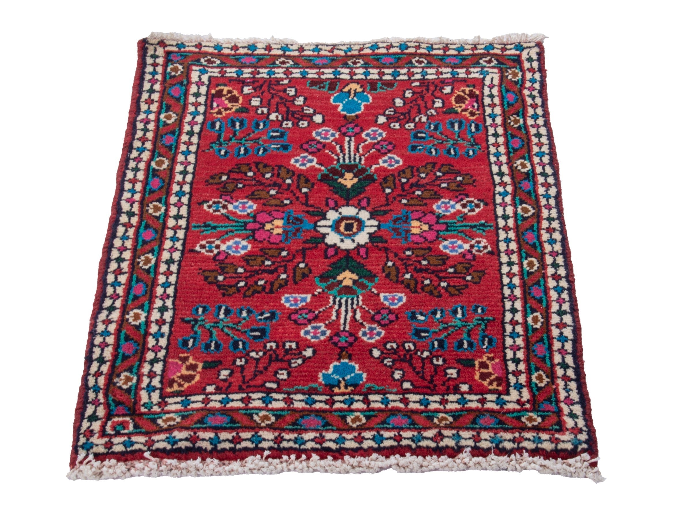 Persian Hamedan accent rug in deep red and navy, view 3 of 7