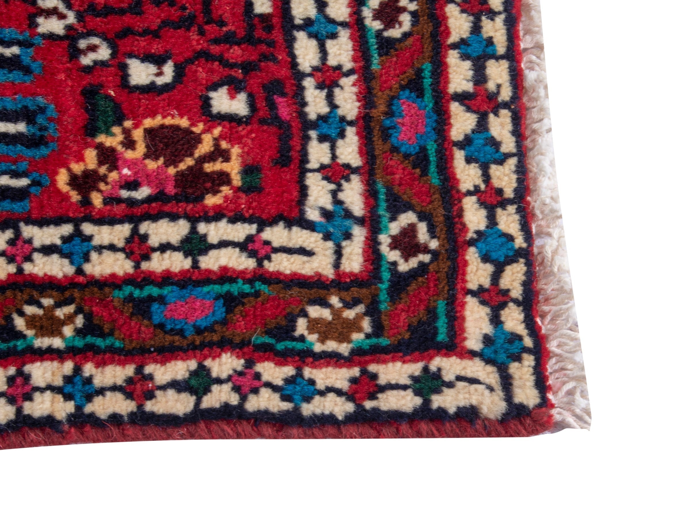 Persian Hamedan accent rug in deep red and navy, view 4 of 7