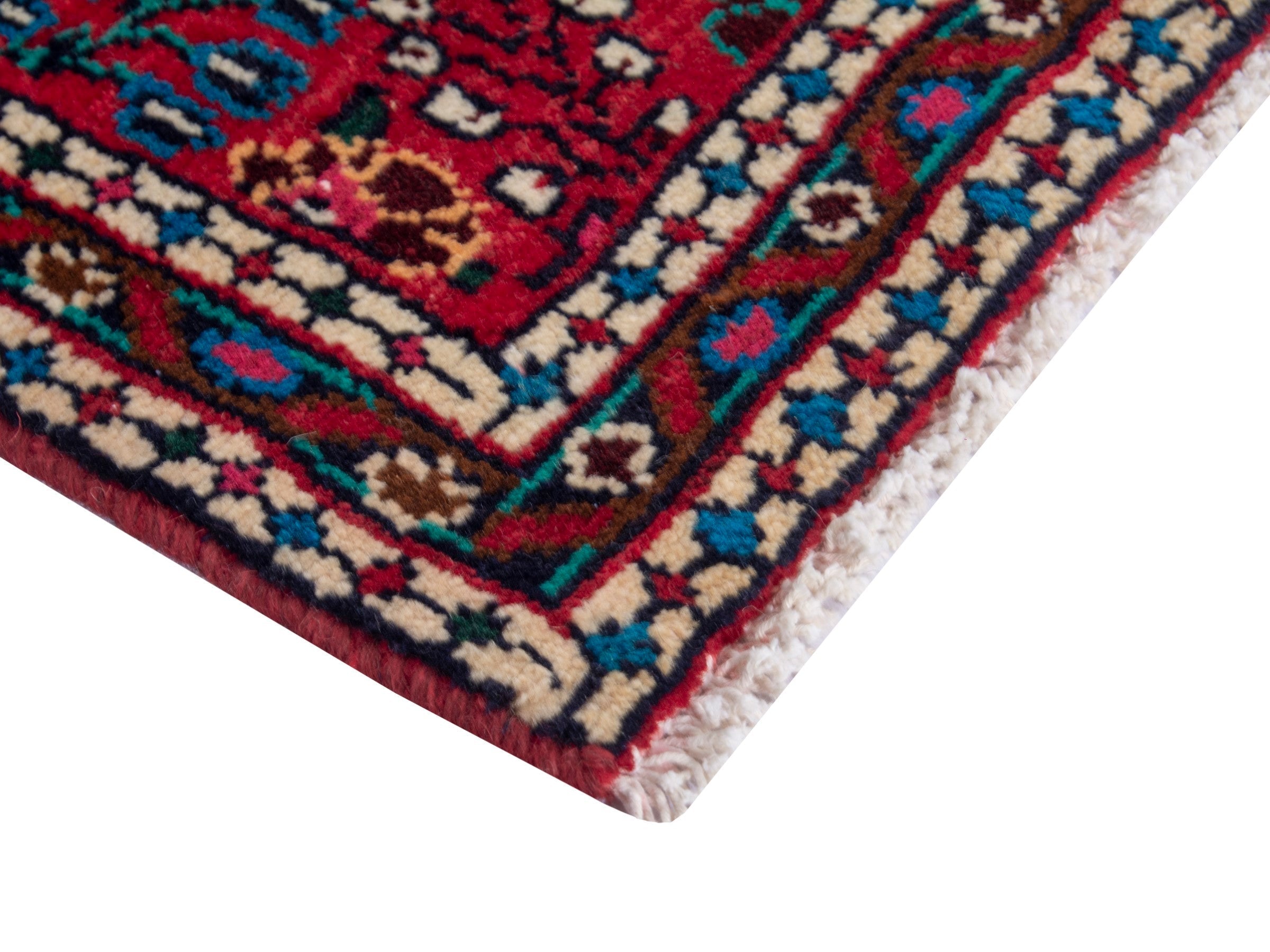 Persian Hamedan accent rug in deep red and navy, view 5 of 7