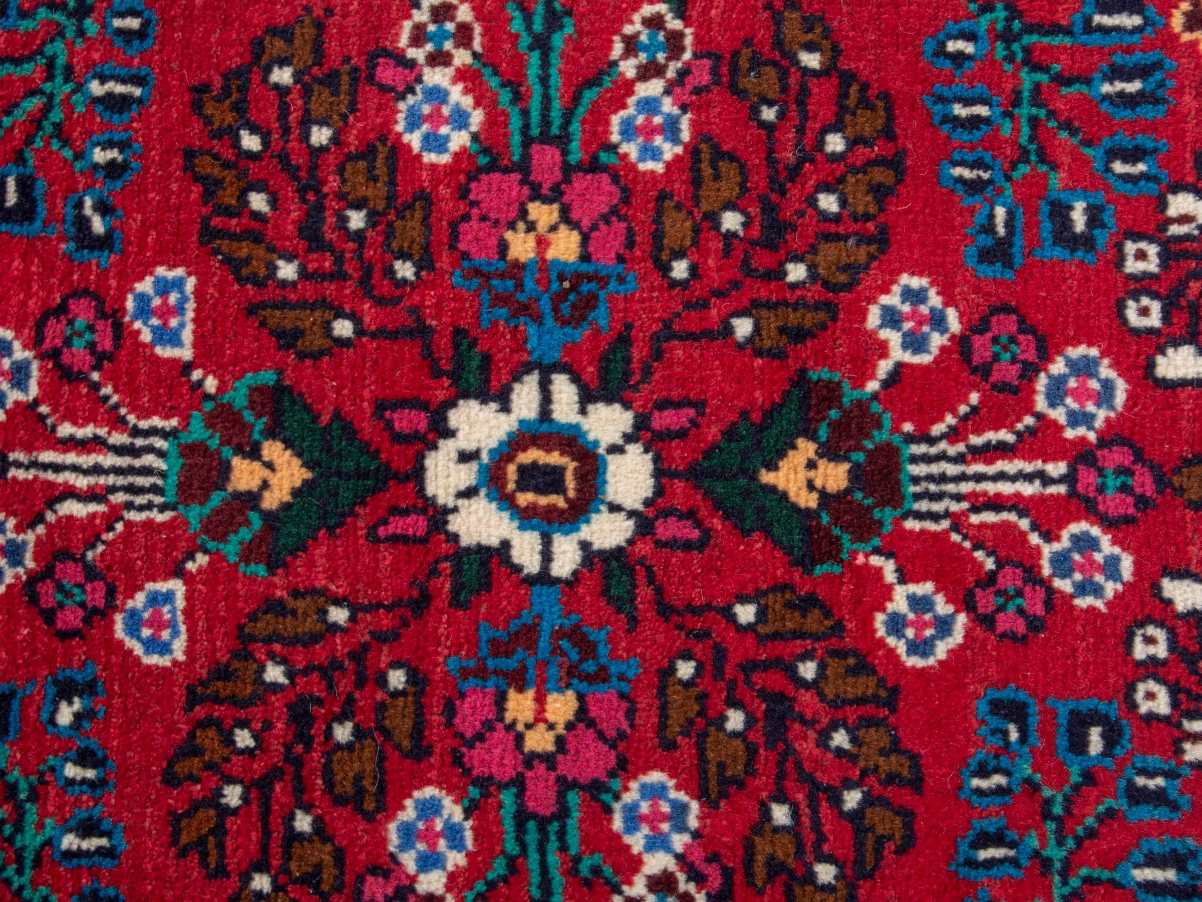 Persian Hamedan accent rug in deep red and navy, view 6 of 7