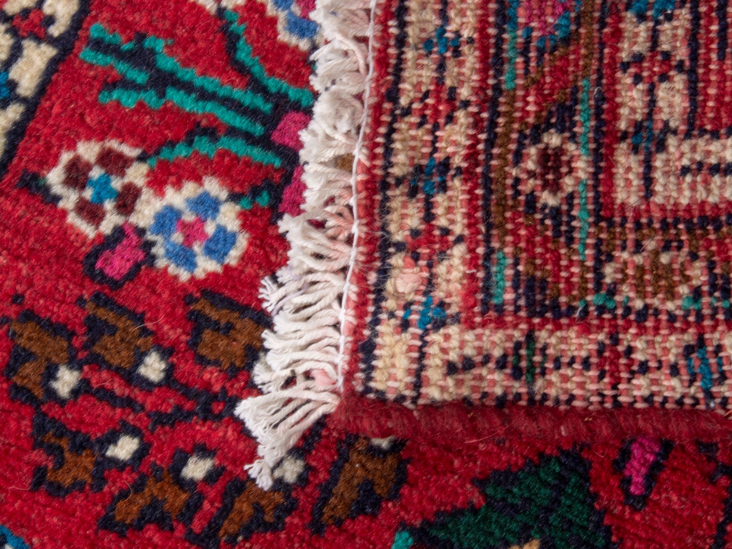 Persian Hamedan accent rug in deep red and navy, view 7 of 7