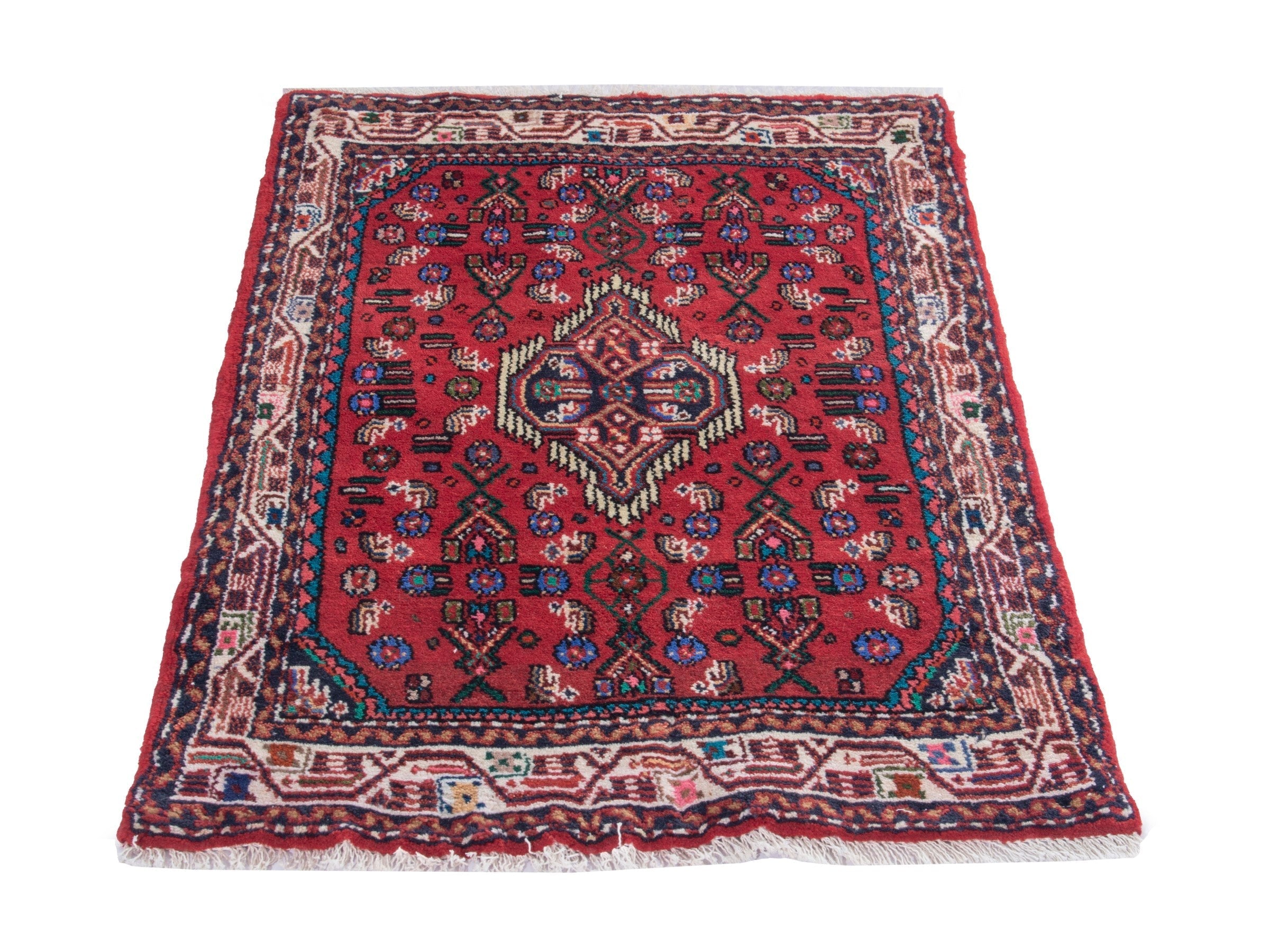 Persian Hamedan accent rug in deep red and cream, view 2 of 7