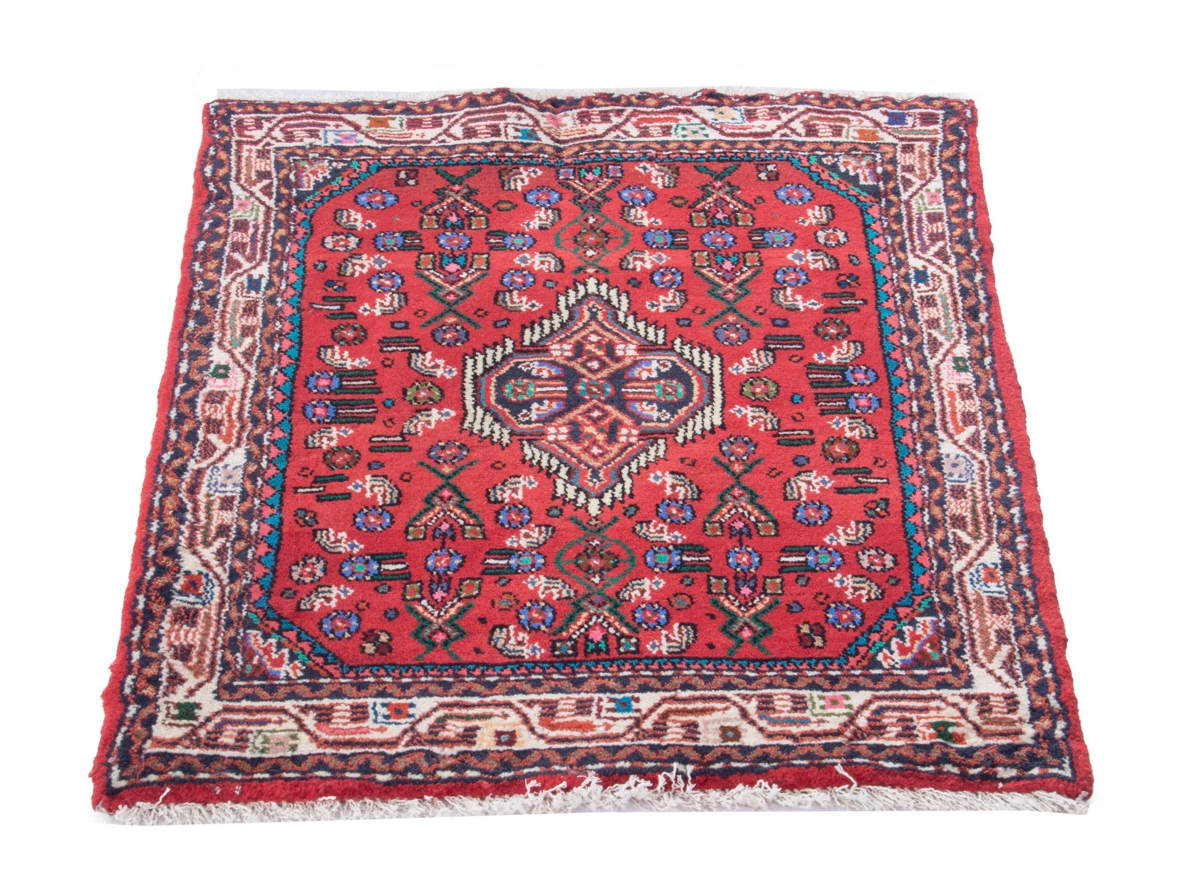 Persian Hamedan accent rug in deep red and cream, view 3 of 7