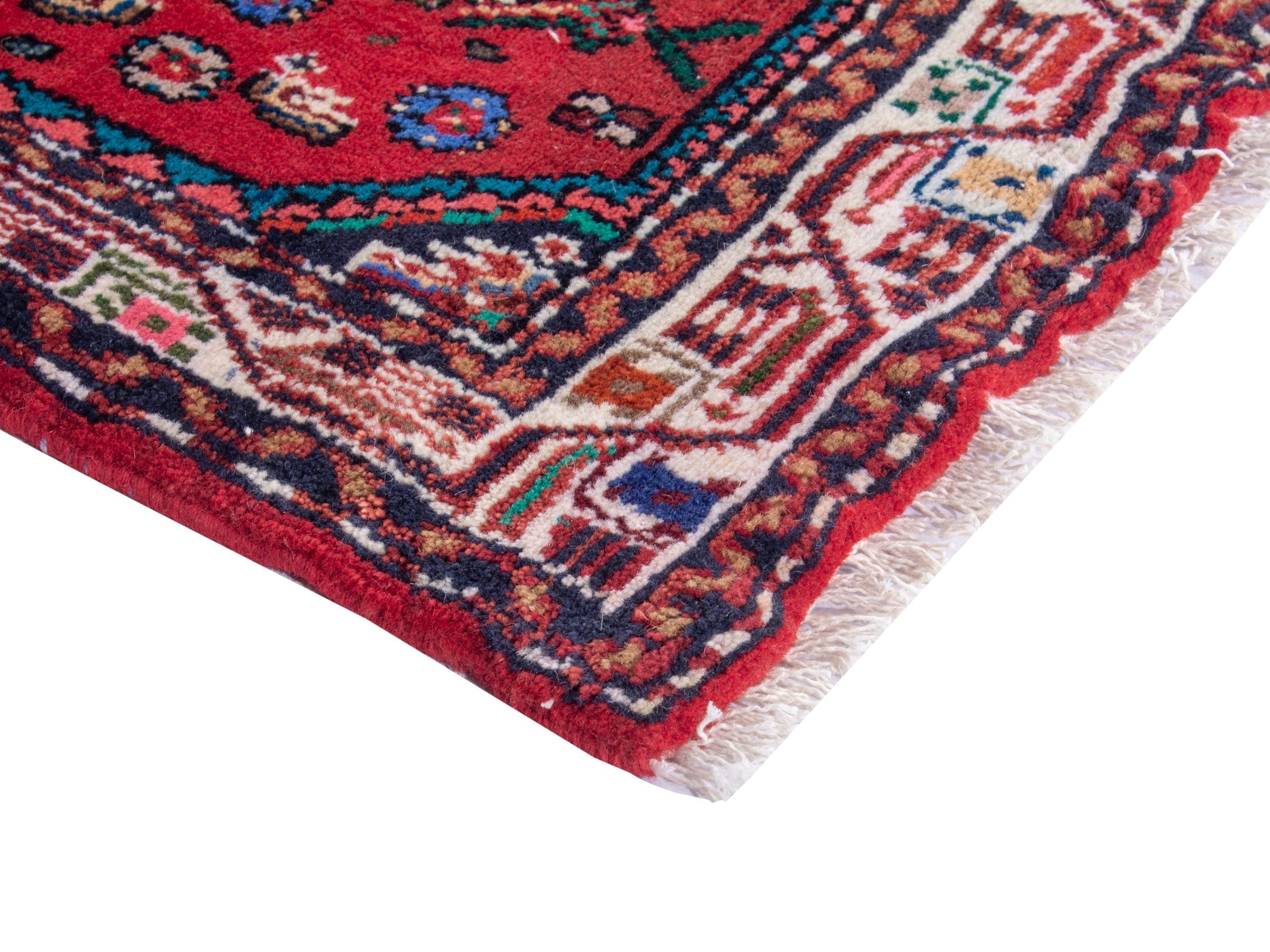 Persian Hamedan accent rug in deep red and cream, view 5 of 7