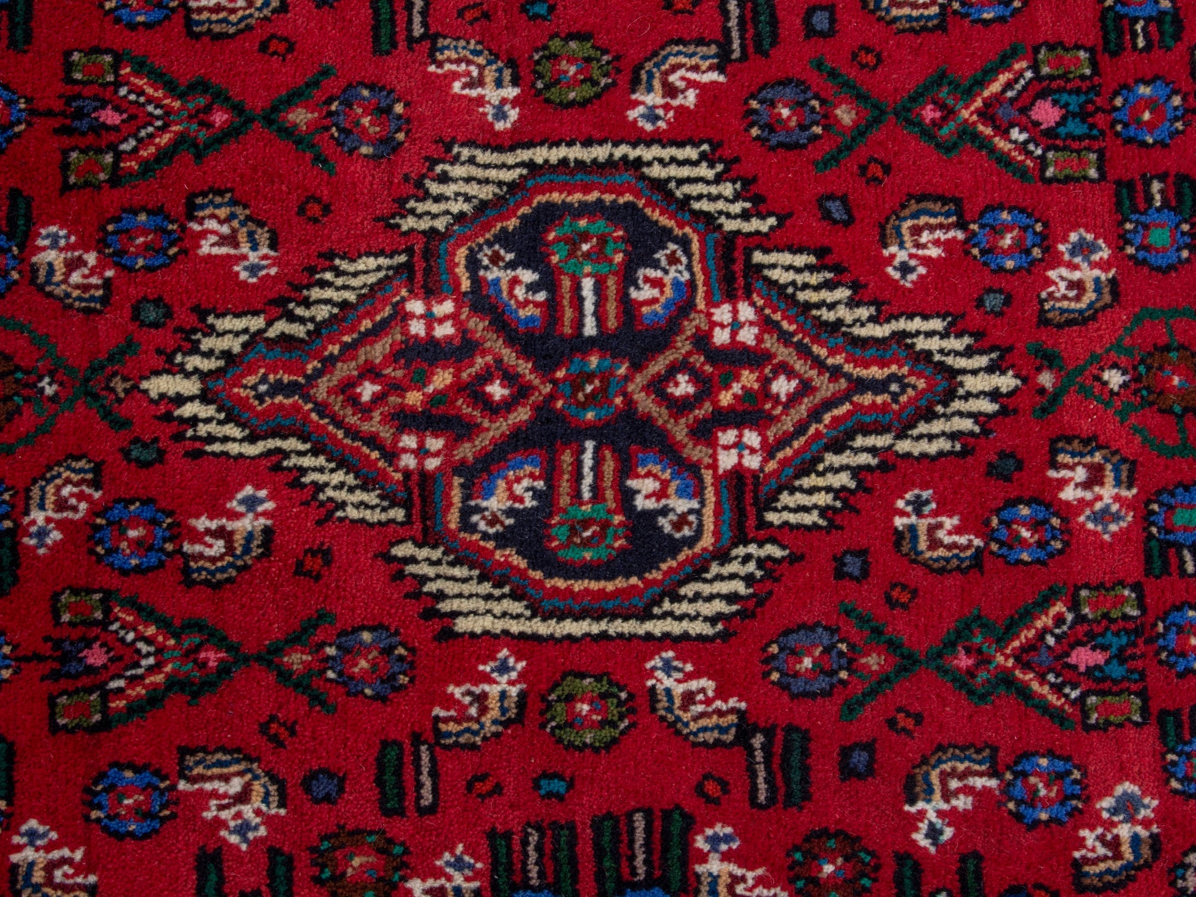 Persian Hamedan accent rug in deep red and cream, view 6 of 7