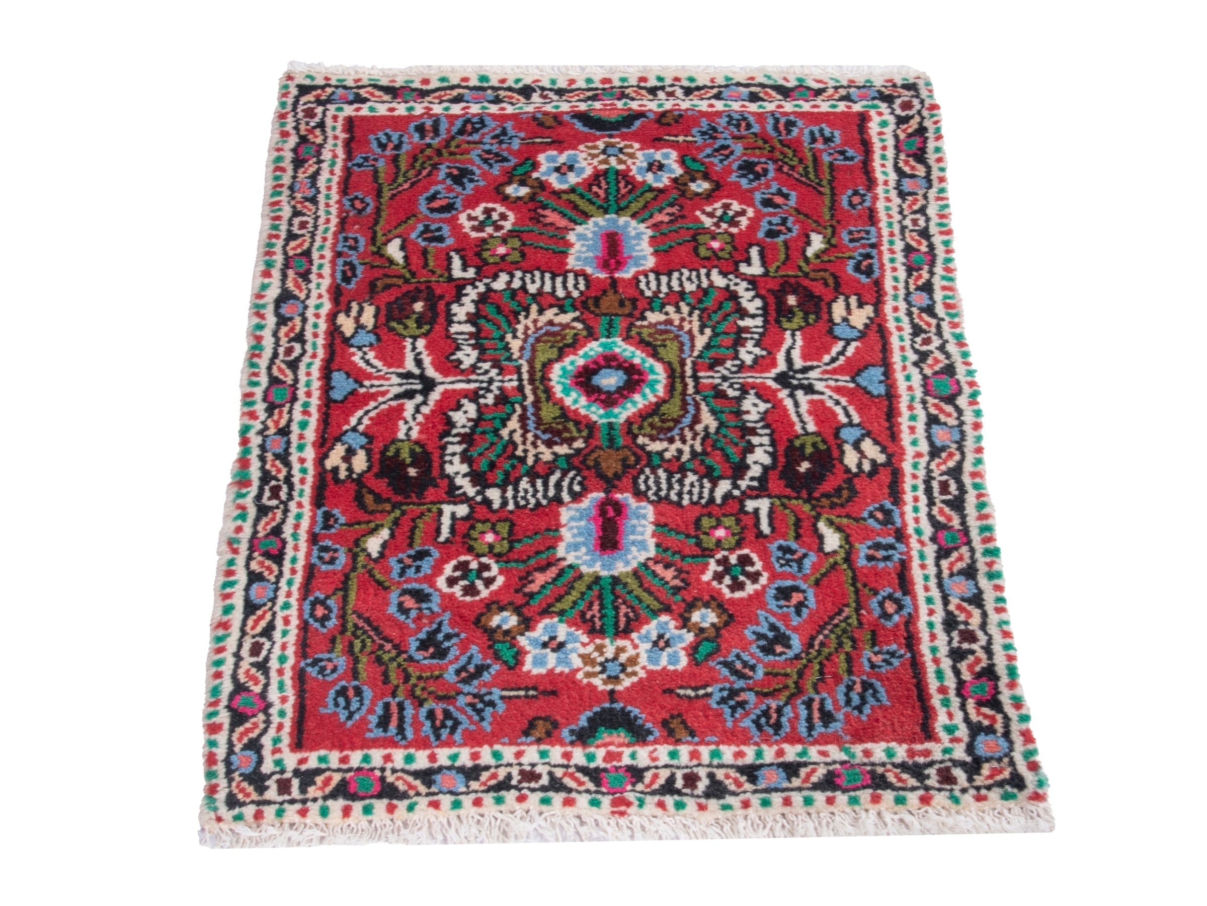 Persian Hamedan accent rug in deep red and navy, view 2 of 8