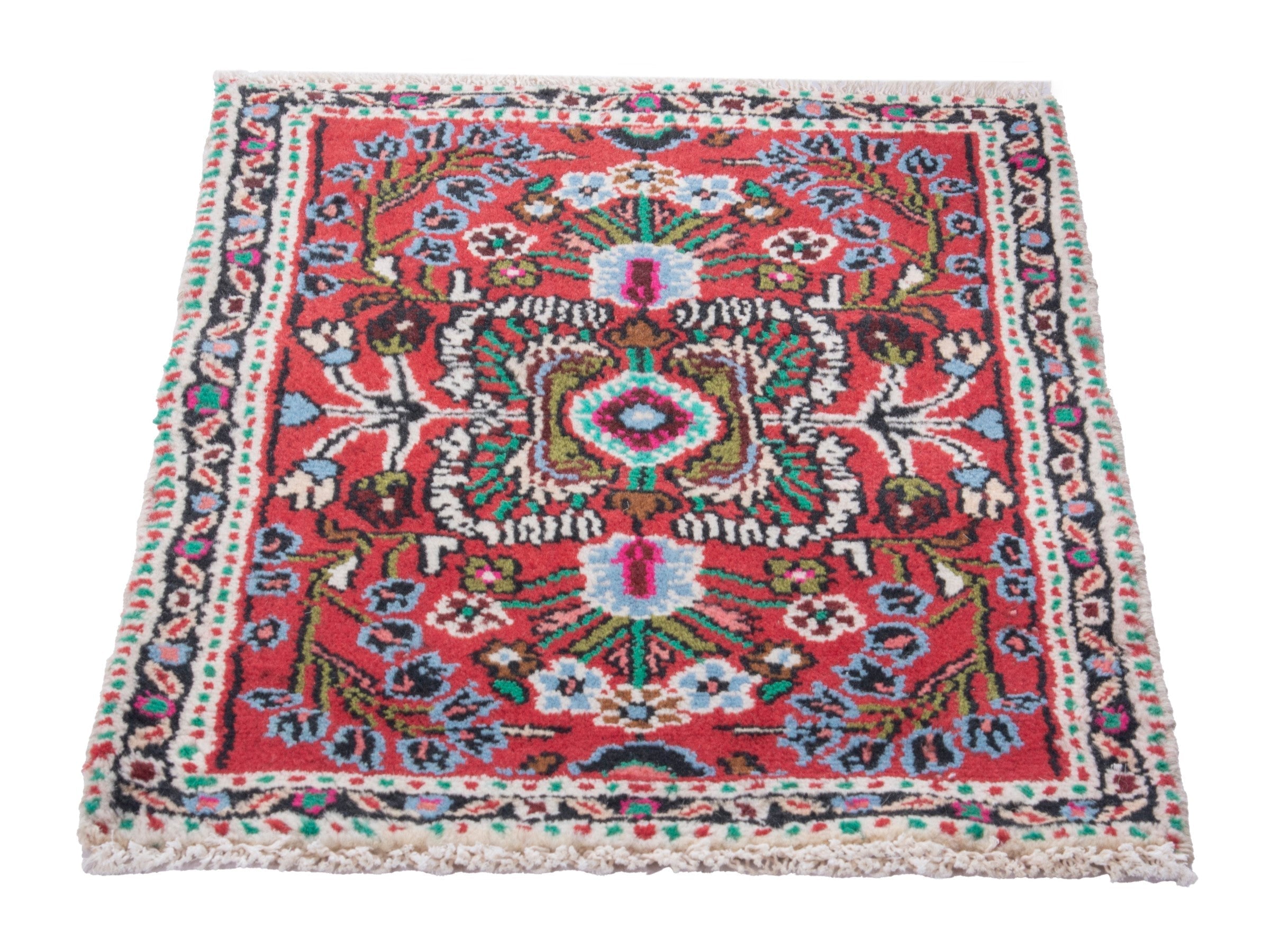 Persian Hamedan accent rug in deep red and navy, view 3 of 8