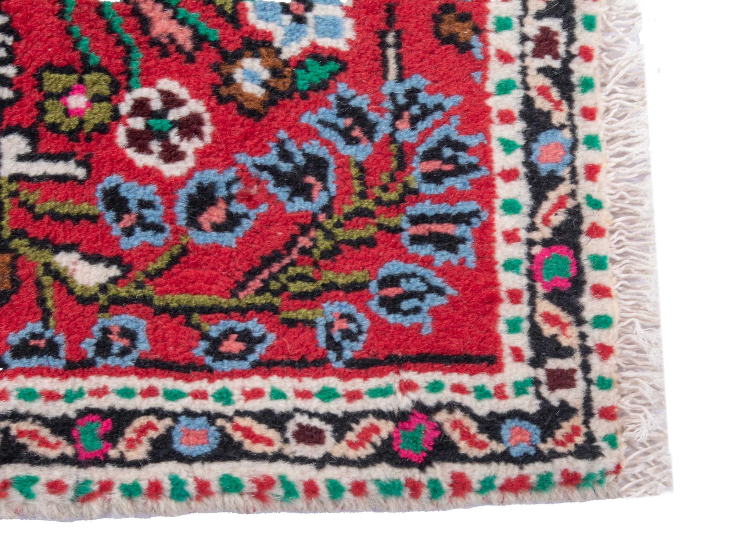 Persian Hamedan accent rug in deep red and navy, view 4 of 8