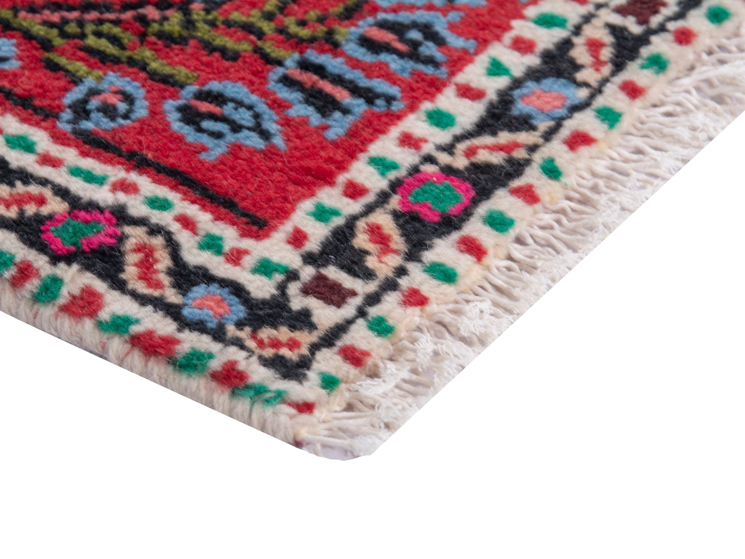 Persian Hamedan accent rug in deep red and navy, view 5 of 8
