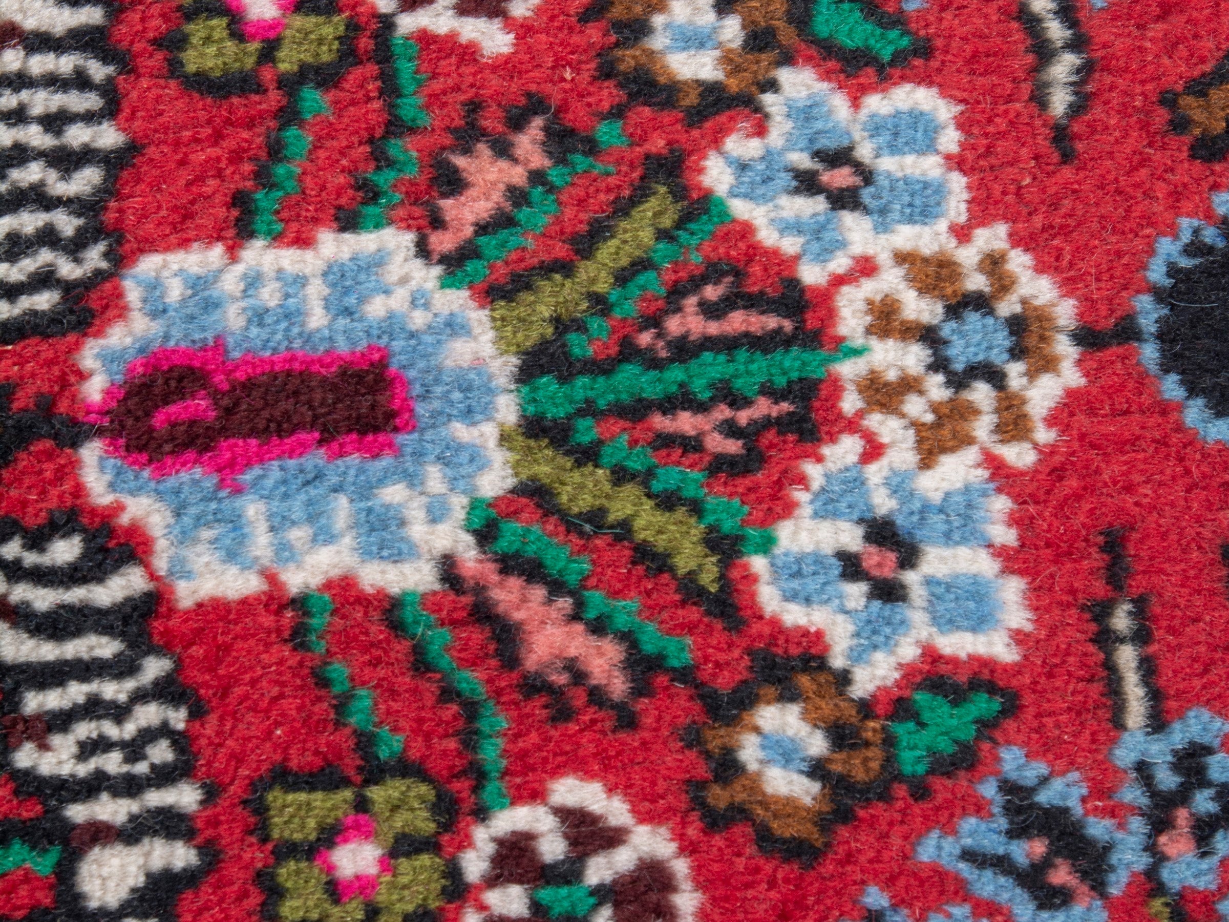 Persian Hamedan accent rug in deep red and navy, view 6 of 8