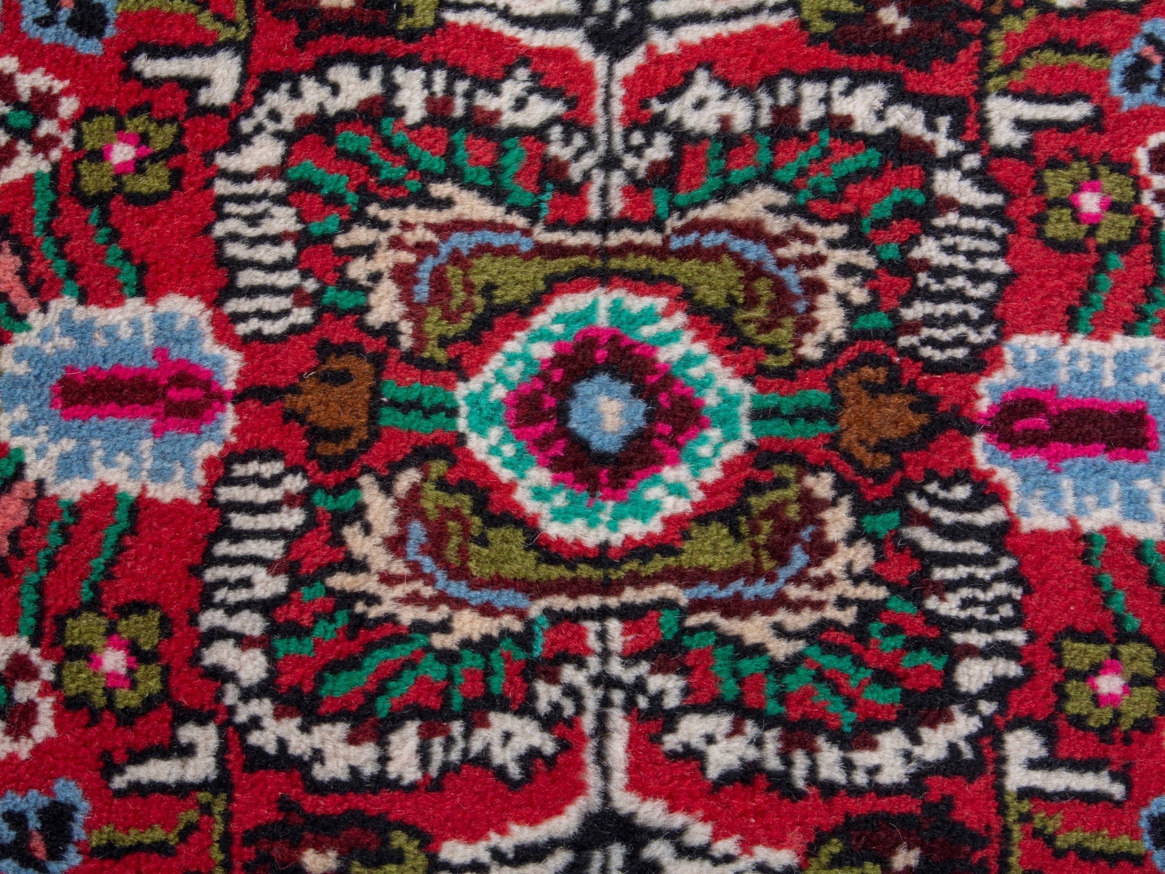 Persian Hamedan accent rug in deep red and navy, view 7 of 8