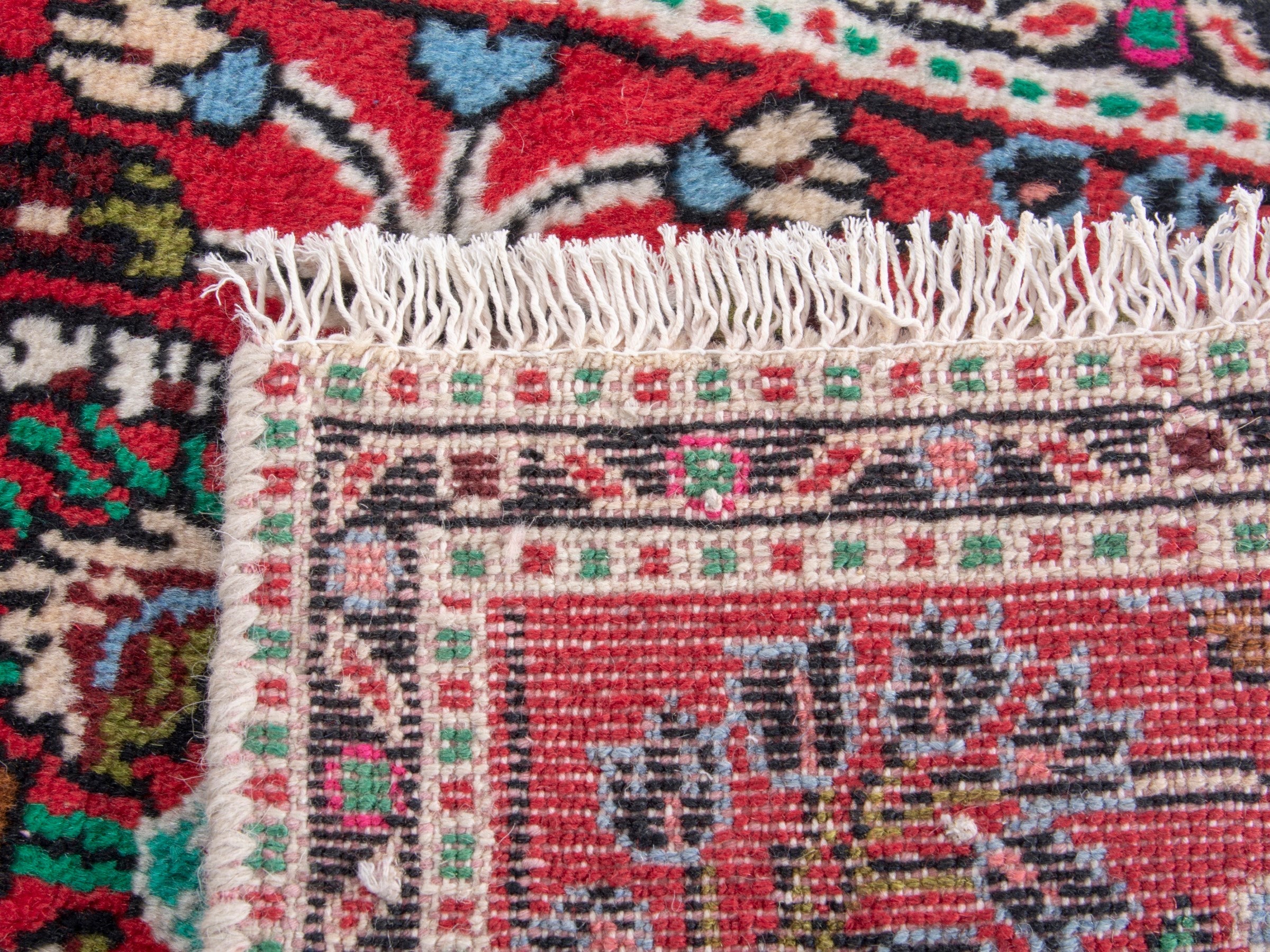 Persian Hamedan accent rug in deep red and navy, view 8 of 8