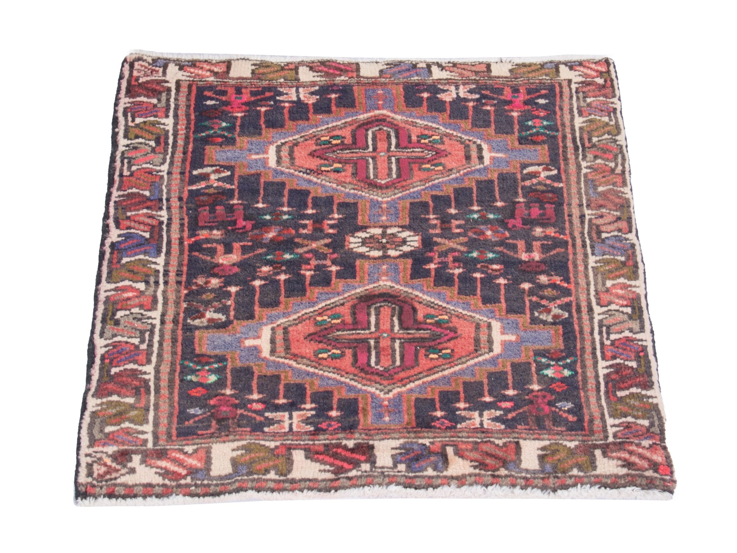 Persian Gharajeh accent rug in deep indigo and burgundy, view 2 of 7