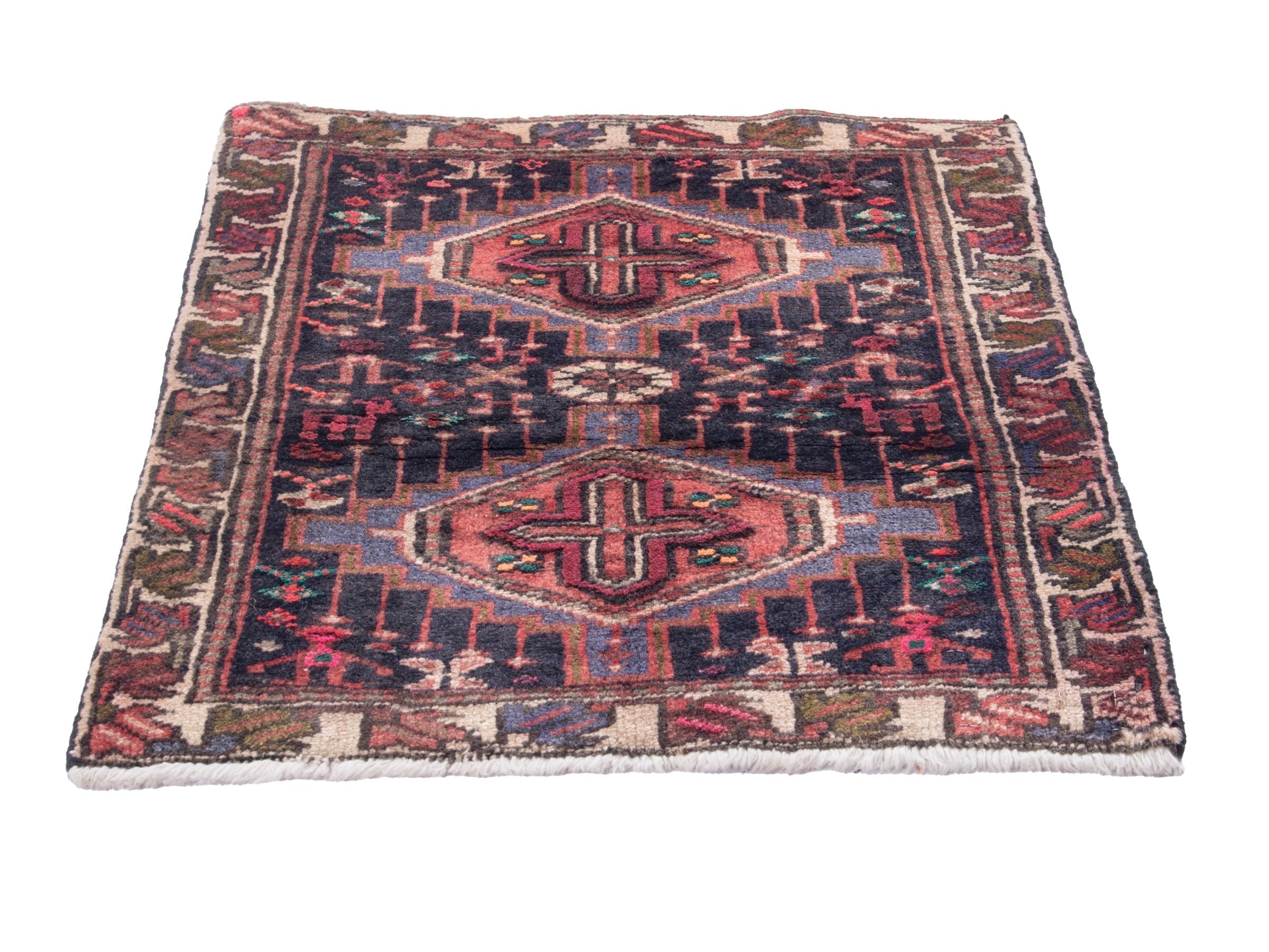 Persian Gharajeh accent rug in deep indigo and burgundy, view 3 of 7
