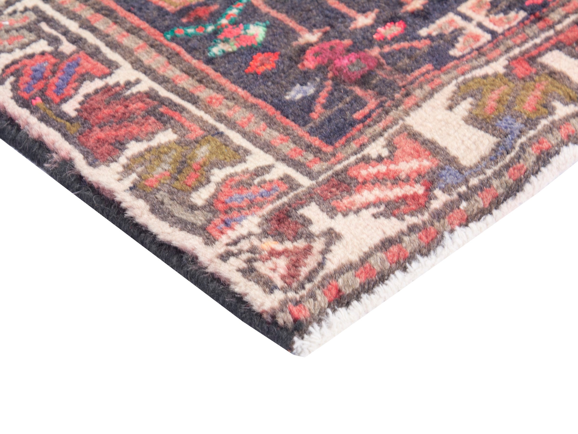 Persian Gharajeh accent rug in deep indigo and burgundy, view 5 of 7
