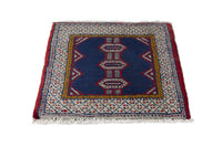 Persian Torkaman accent rug in navy and cream, view 4 of 10